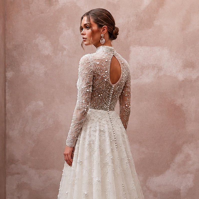 Romantic Pearl-Encrusted Tulle Long Sleeve for Vow Renewal