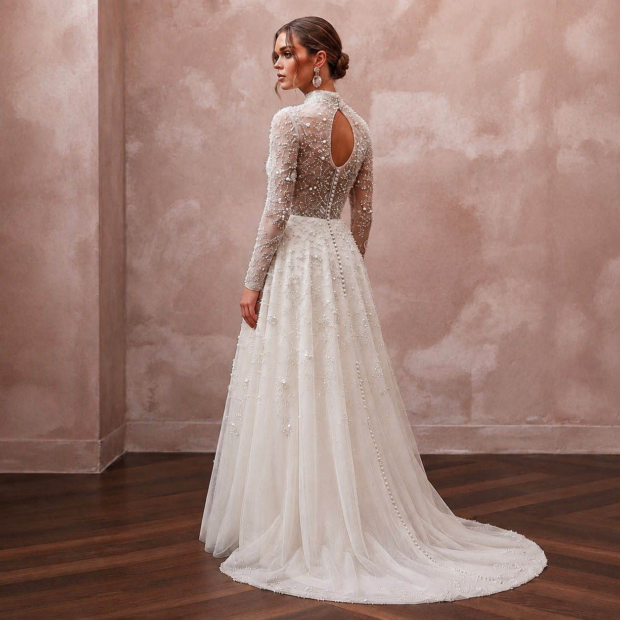 Romantic Pearl-Encrusted Tulle Long Sleeve for Vow Renewal Secondary image