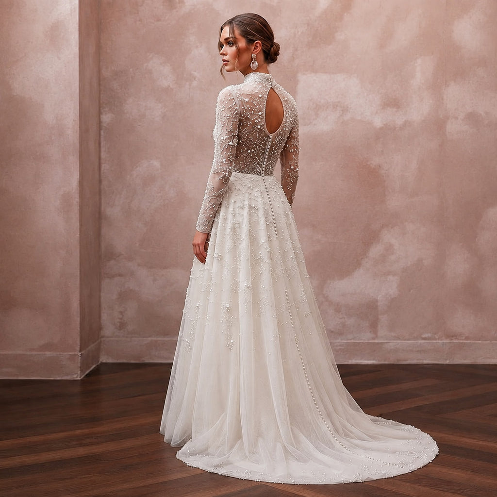 Romantic Pearl - Encrusted Tulle Long Sleeve for Vow Renewal - Apparel & Accessories > Clothing > Wedding & Bridal Party Dresses > Wedding Dresses - Mignonette Bridal