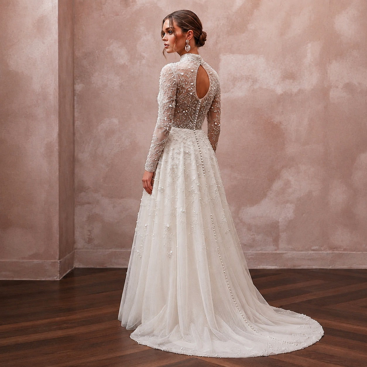 Romantic Pearl-Encrusted Tulle Long Sleeve for Vow Renewal