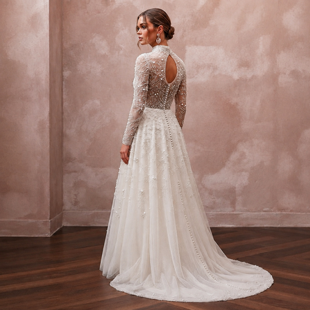 Romantic Pearl-Encrusted Tulle Long Sleeve for Vow Renewal