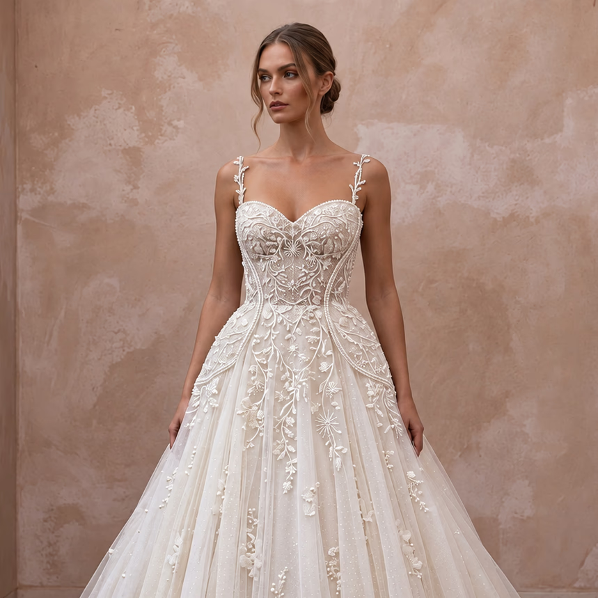 Romantic Princess Wedding Dress with Embroidered Bodice - Apparel & Accessories > Clothing > Wedding & Bridal Party Dresses > Wedding Dresses - Mignonette Bridal