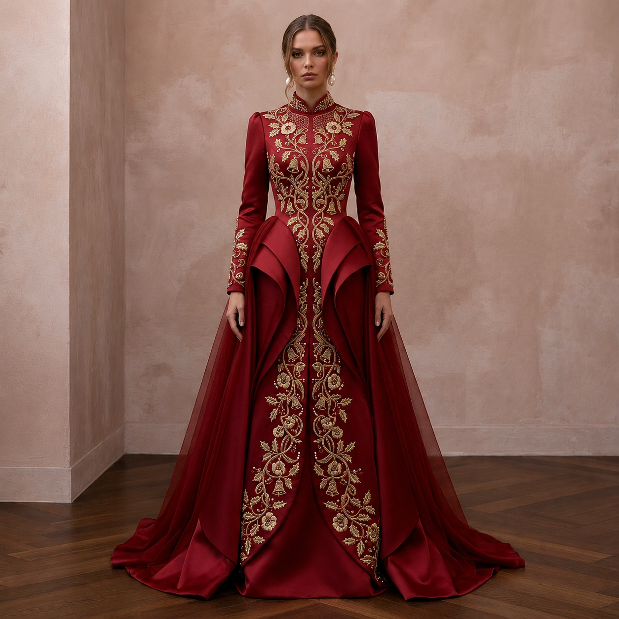 Romantic Red Duchesse Satin Dress for Surprise Christmas Wedding