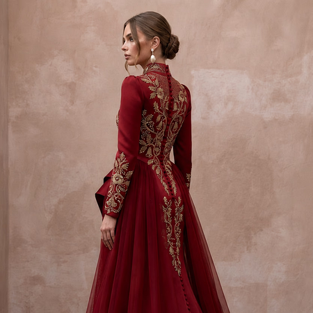 Romantic Red Duchesse Satin Dress for Surprise Christmas Wedding - Apparel & Accessories > Clothing > Wedding & Bridal Party Dresses > Wedding Dresses - Mignonette Bridal