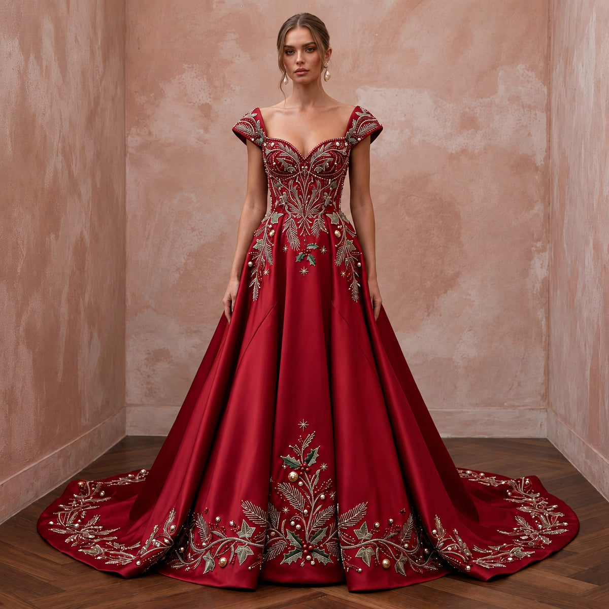 Romantic Red Duchesse Satin Wedding Dress for Surprise Christmas Wedding - Apparel & Accessories > Clothing > Wedding & Bridal Party Dresses > Wedding Dresses - Mignonette Bridal Main image