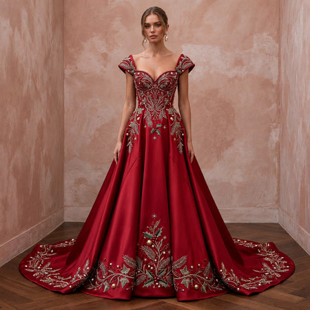 Romantic Red Duchesse Satin Wedding Dress for Surprise Christmas Wedding