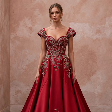 Romantic Red Duchesse Satin Wedding Dress for Surprise Christmas Wedding