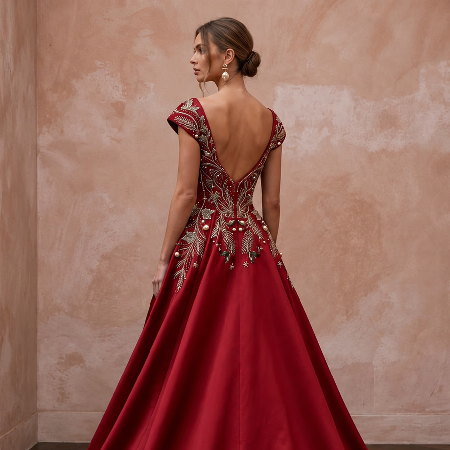 Romantic Red Duchesse Satin Wedding Dress for Surprise Christmas Wedding