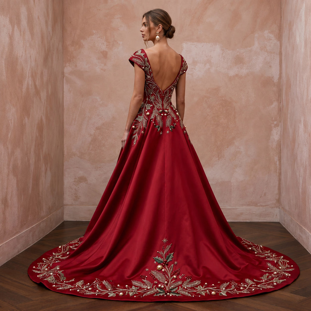 Romantic Red Duchesse Satin Wedding Dress for Surprise Christmas Wedding