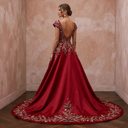 Romantic Red Duchesse Satin Wedding Dress for Surprise Christmas Wedding