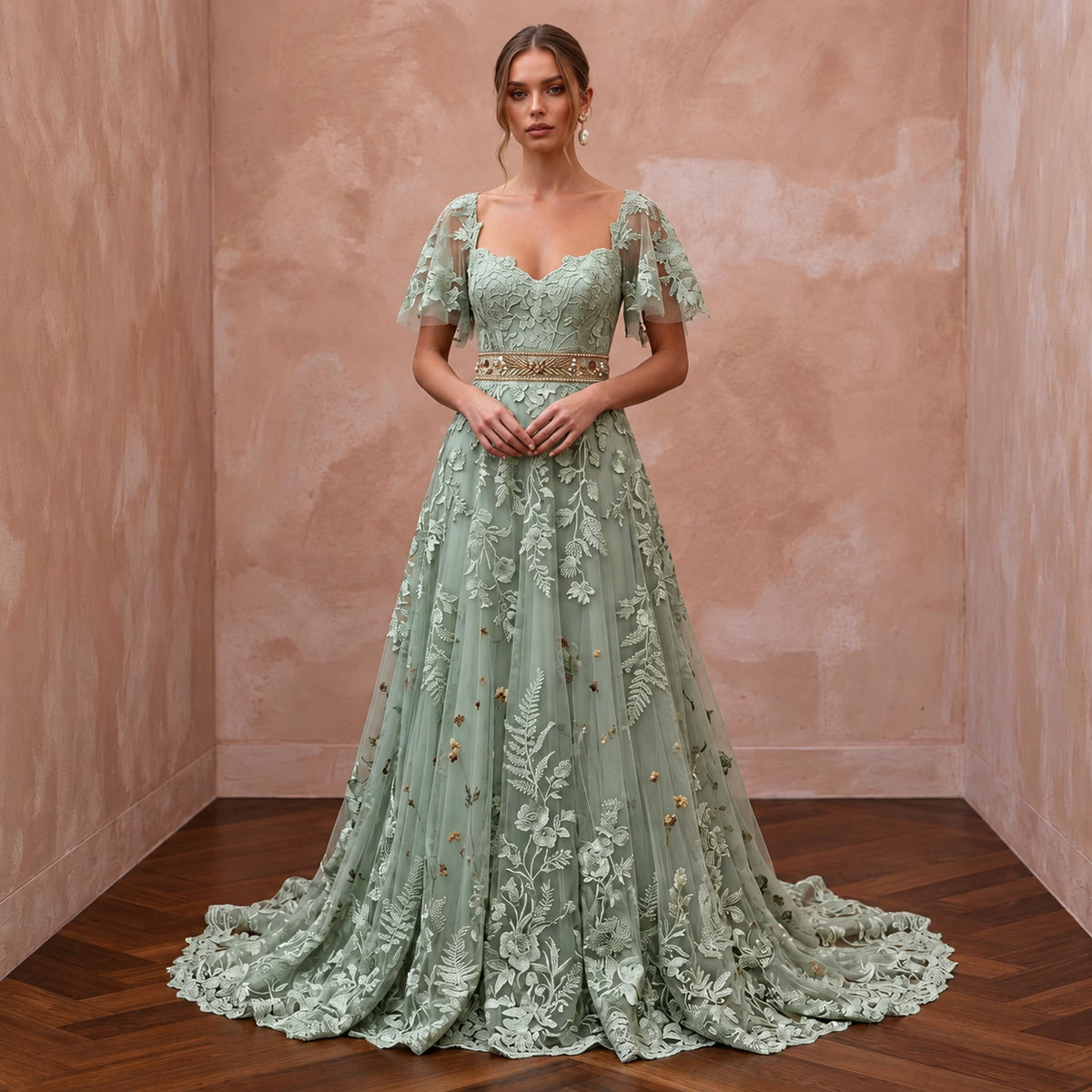 Romantic Sage Green Floral Lace Bridal Gown for Botanical Elopement - Apparel & Accessories > Clothing > Wedding & Bridal Party Dresses > Wedding Dresses - Mignonette Bridal Main image