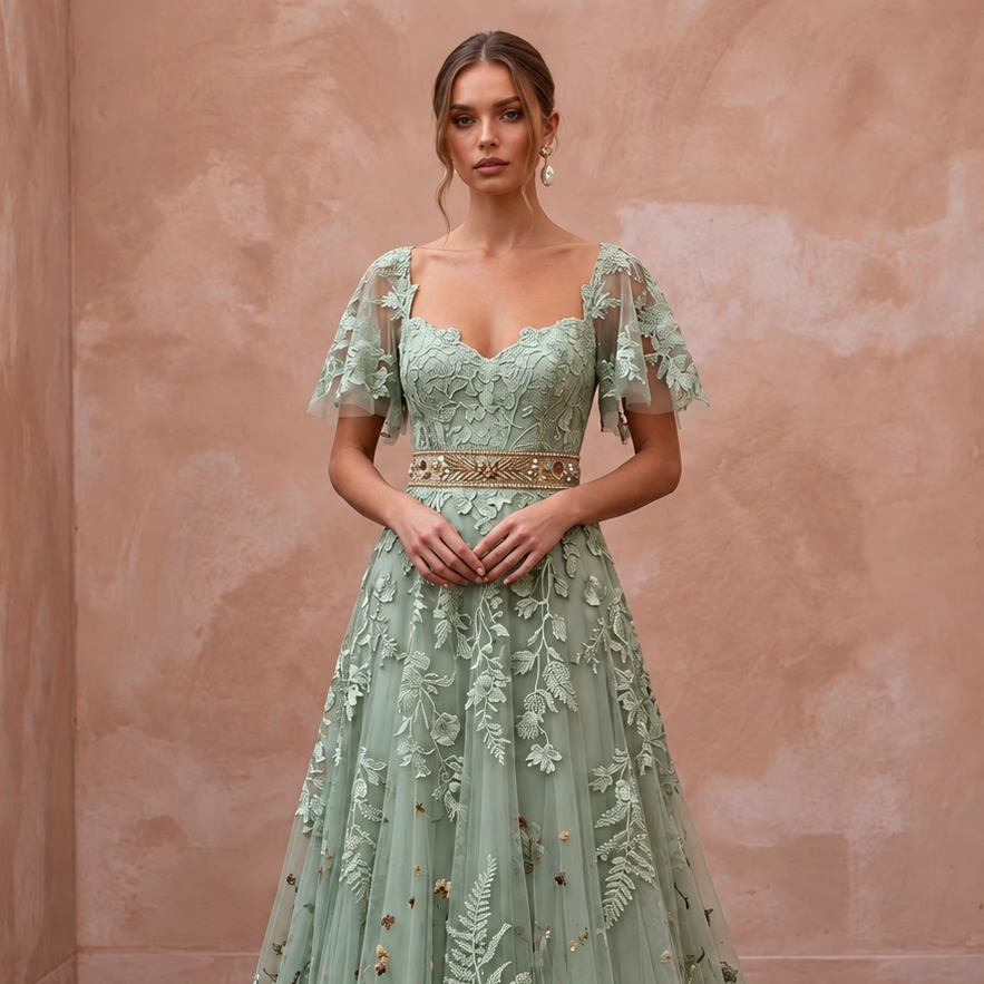 Romantic Sage Green Floral Lace Bridal Gown for Botanical Elopement - Apparel & Accessories > Clothing > Wedding & Bridal Party Dresses > Wedding Dresses - Mignonette Bridal