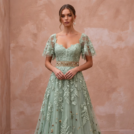 Romantic Sage Green Floral Lace Bridal Gown for Botanical Elopement - Apparel & Accessories > Clothing > Wedding & Bridal Party Dresses > Wedding Dresses - Mignonette Bridal