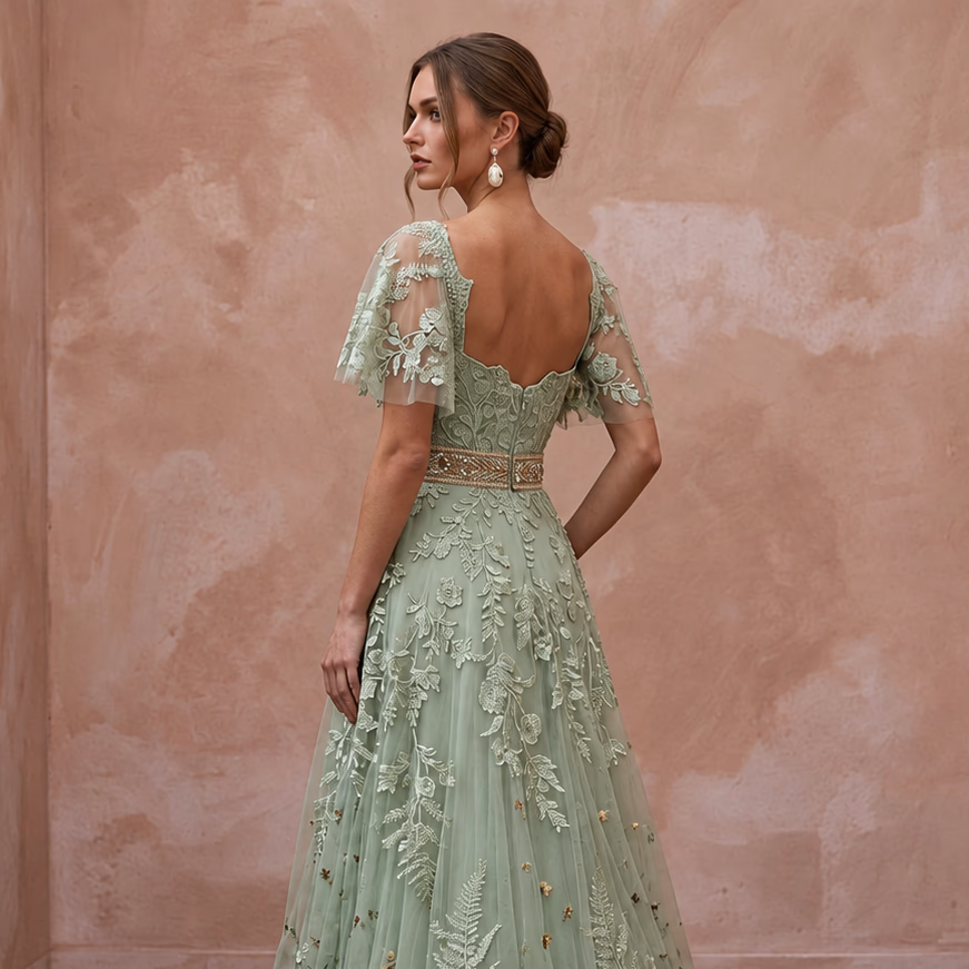 Romantic Sage Green Floral Lace Bridal Gown for Botanical Elopement - Apparel & Accessories > Clothing > Wedding & Bridal Party Dresses > Wedding Dresses - Mignonette Bridal