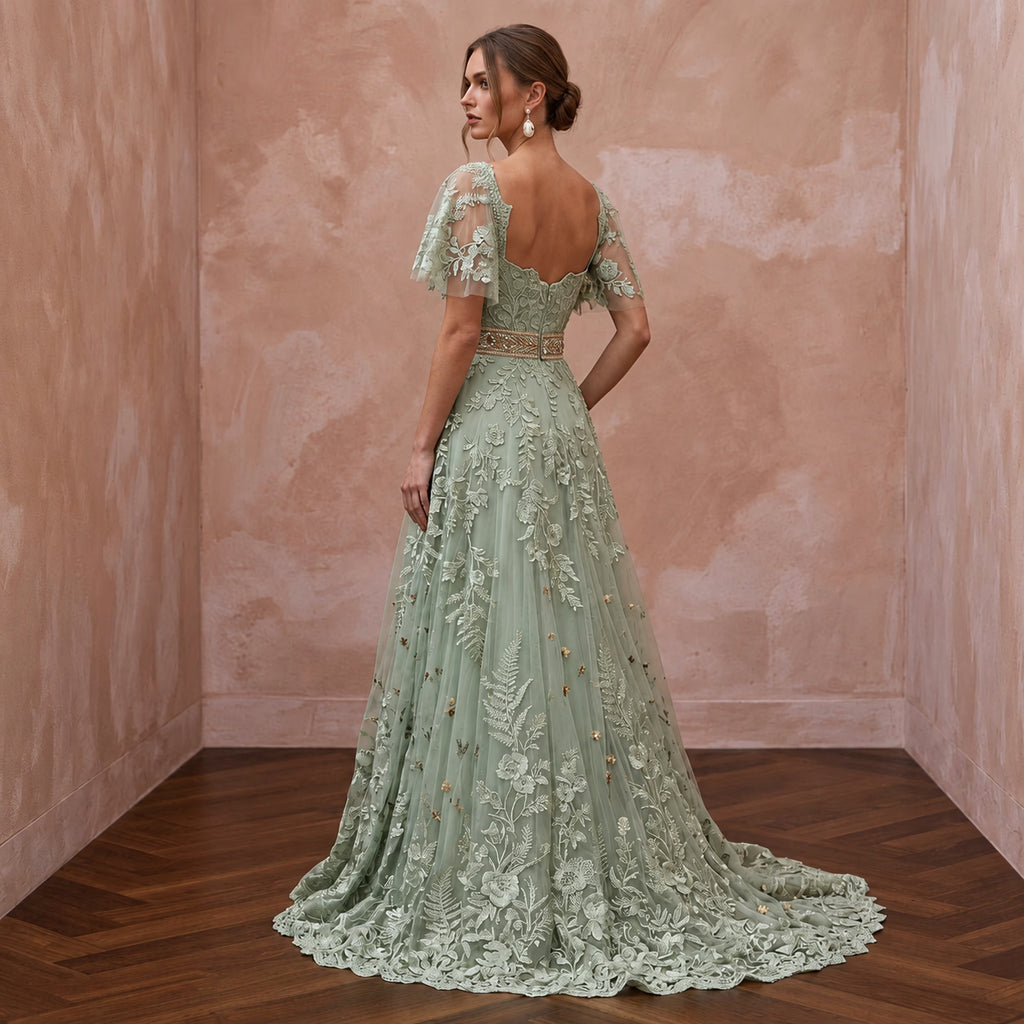 Romantic Sage Green Floral Lace Bridal Gown for Botanical Elopement - Apparel & Accessories > Clothing > Wedding & Bridal Party Dresses > Wedding Dresses - Mignonette Bridal