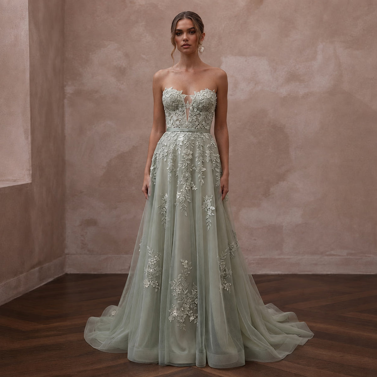 Romantic Sage Green Floral Lace Dress for Botanical Elopement - Apparel & Accessories > Clothing > Wedding & Bridal Party Dresses > Wedding Dresses - Mignonette Bridal Main image