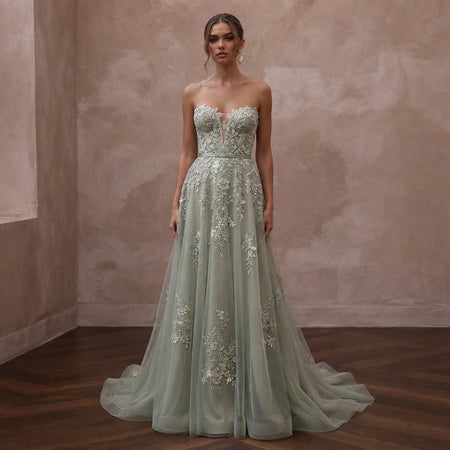 Romantic Sage Green Floral Lace Dress for Botanical Elopement - Apparel & Accessories > Clothing > Wedding & Bridal Party Dresses > Wedding Dresses - Mignonette Bridal
