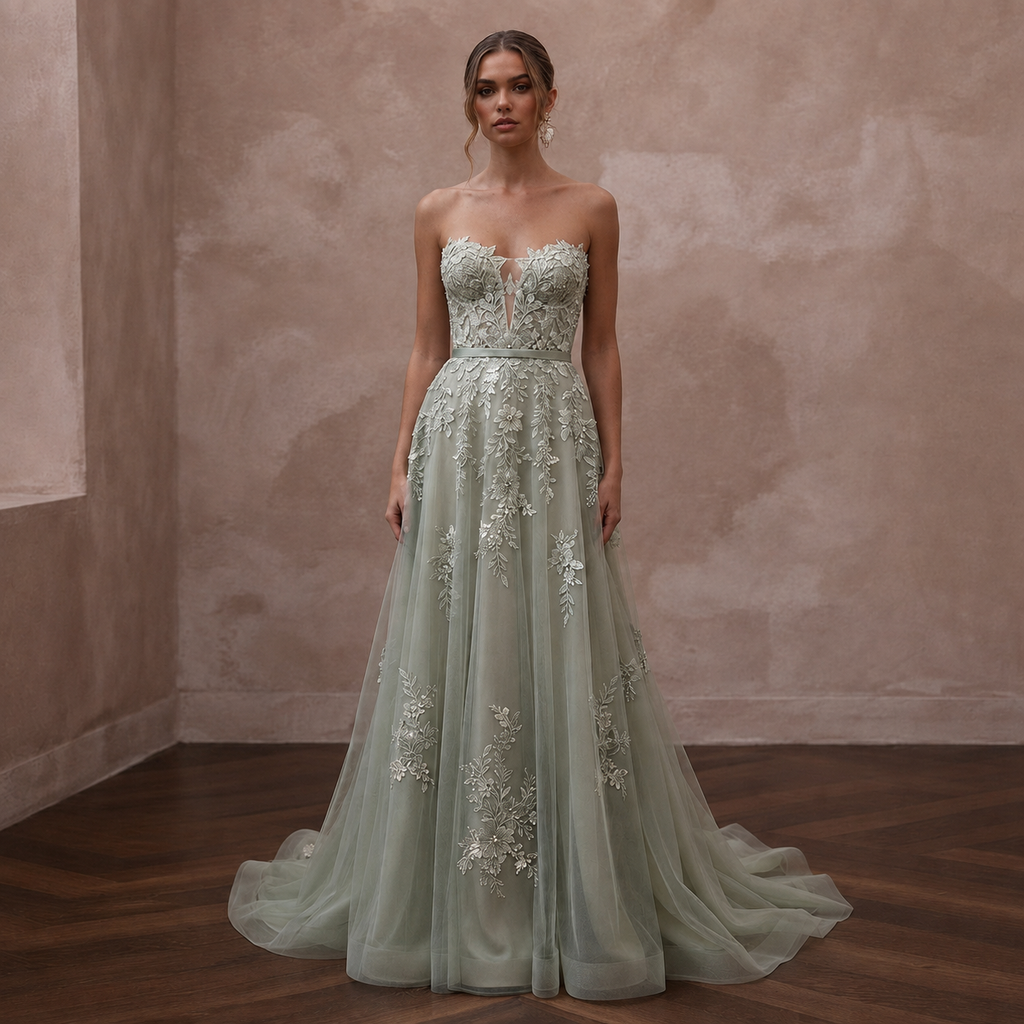 Romantic Sage Green Floral Lace Dress for Botanical Elopement