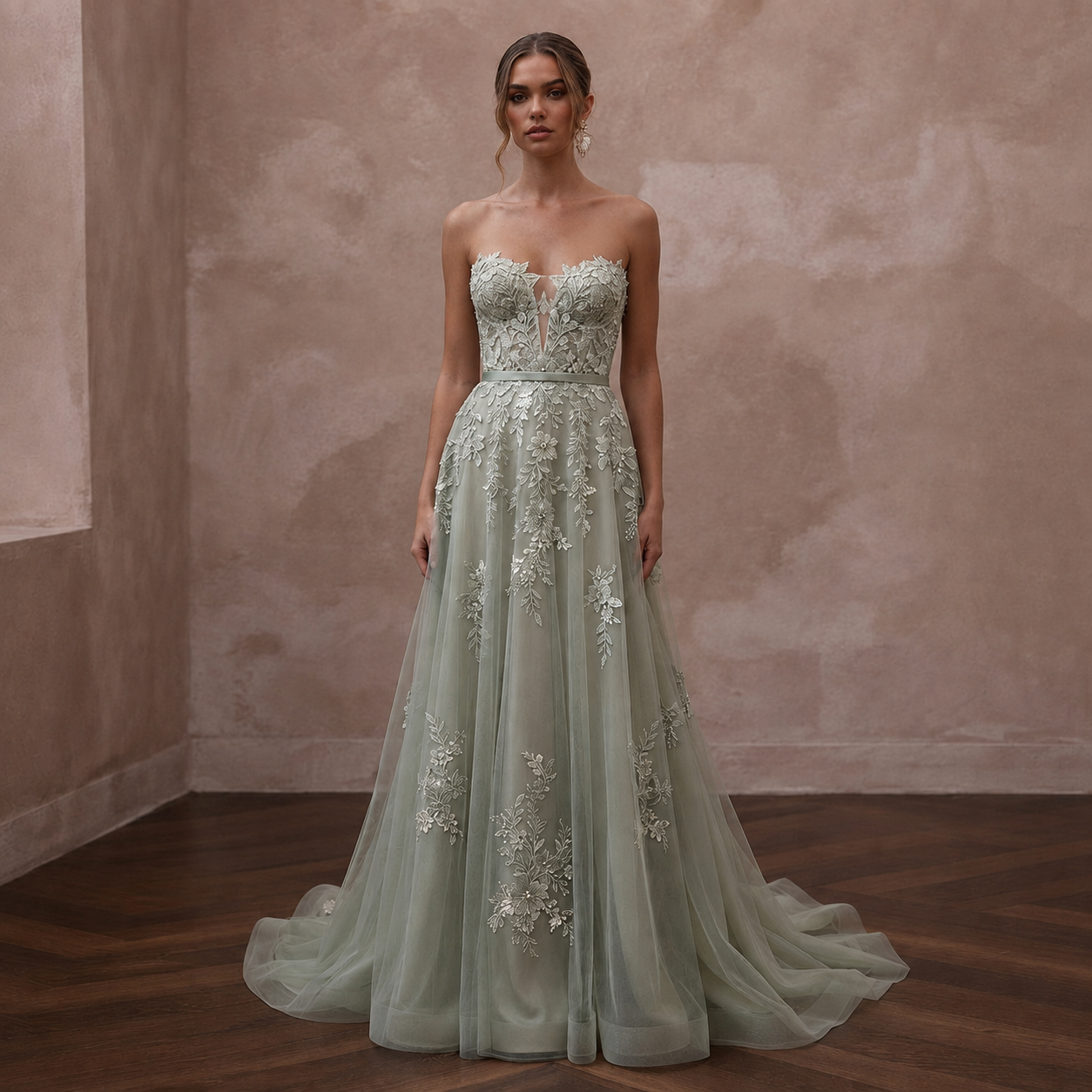 Romantic Sage Green Floral Lace Dress for Botanical Elopement