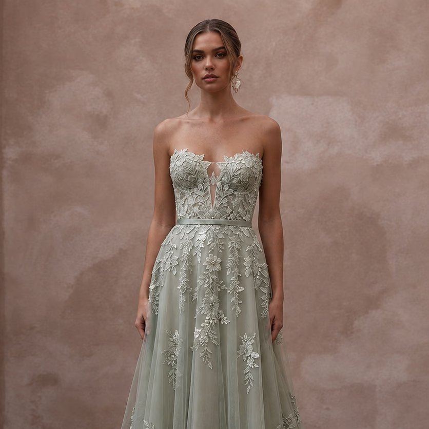 Romantic Sage Green Floral Lace Dress for Botanical Elopement - Apparel & Accessories > Clothing > Wedding & Bridal Party Dresses > Wedding Dresses - Mignonette Bridal