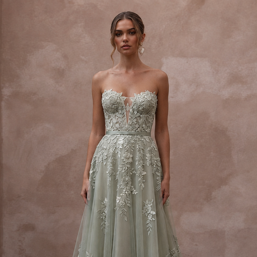 Romantic Sage Green Floral Lace Dress for Botanical Elopement