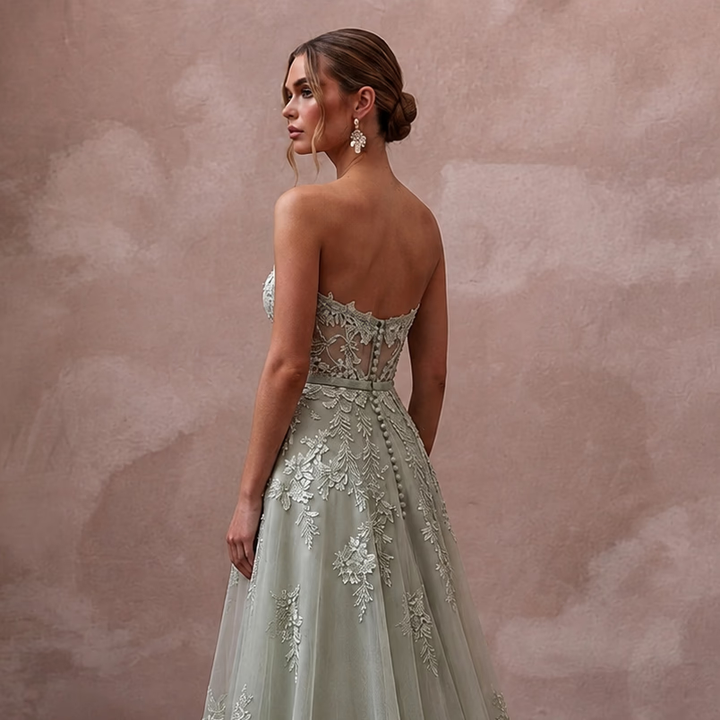 Romantic Sage Green Floral Lace Dress for Botanical Elopement - Apparel & Accessories > Clothing > Wedding & Bridal Party Dresses > Wedding Dresses - Mignonette Bridal