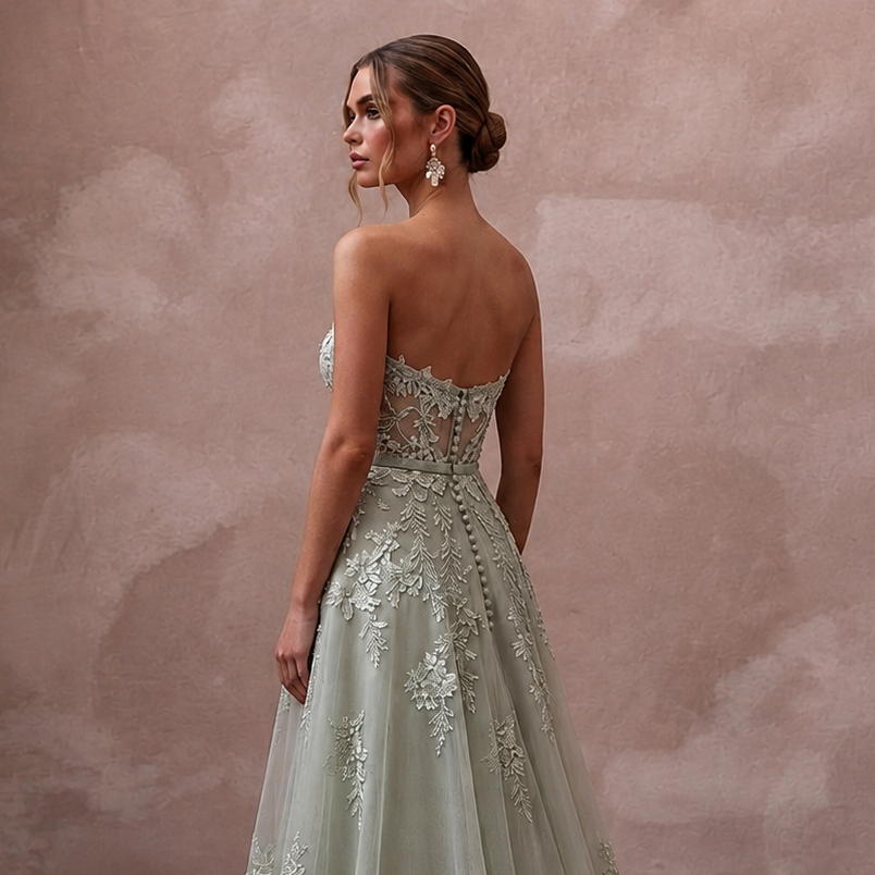 Romantic Sage Green Floral Lace Dress for Botanical Elopement