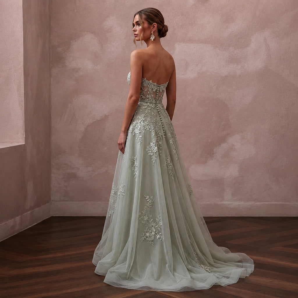 Romantic Sage Green Floral Lace Dress for Botanical Elopement - Apparel & Accessories > Clothing > Wedding & Bridal Party Dresses > Wedding Dresses - Mignonette Bridal