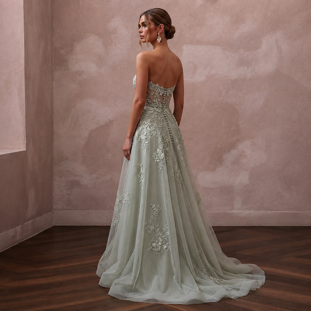 Romantic Sage Green Floral Lace Dress for Botanical Elopement