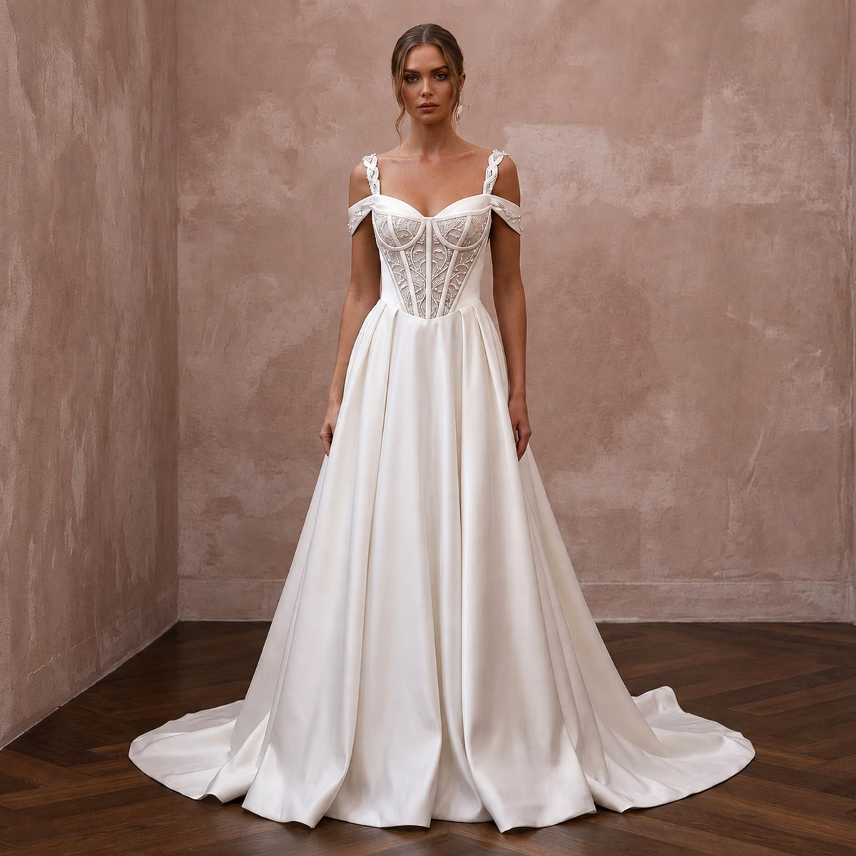 Romantic Satin A - Line Wedding Dress with Corset Bodice - Apparel & Accessories > Clothing > Wedding & Bridal Party Dresses > Wedding Dresses - Mignonette Bridal Main image