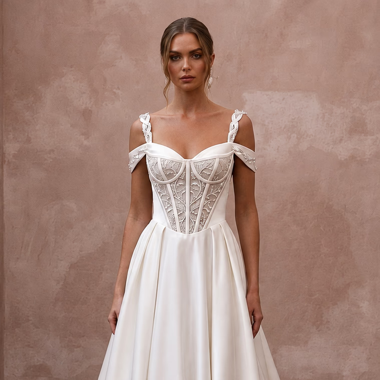 Romantic Satin A - Line Wedding Dress with Corset Bodice - Apparel & Accessories > Clothing > Wedding & Bridal Party Dresses > Wedding Dresses - Mignonette Bridal
