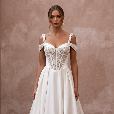 Romantic Satin A - Line Wedding Dress with Corset Bodice - Apparel & Accessories > Clothing > Wedding & Bridal Party Dresses > Wedding Dresses - Mignonette Bridal
