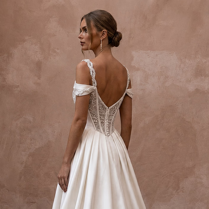 Romantic Satin A - Line Wedding Dress with Corset Bodice - Apparel & Accessories > Clothing > Wedding & Bridal Party Dresses > Wedding Dresses - Mignonette Bridal