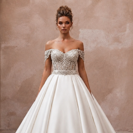 Romantic Satin Ball Gown Wedding Dress with Beaded Bodice