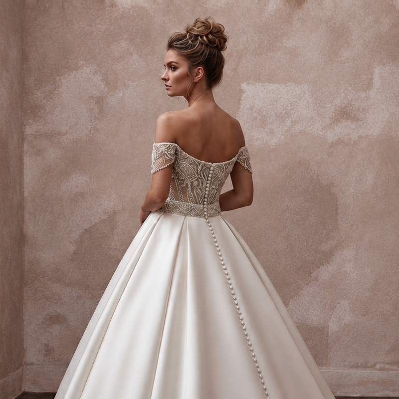 Romantic Satin Ball Gown Wedding Dress with Beaded Bodice