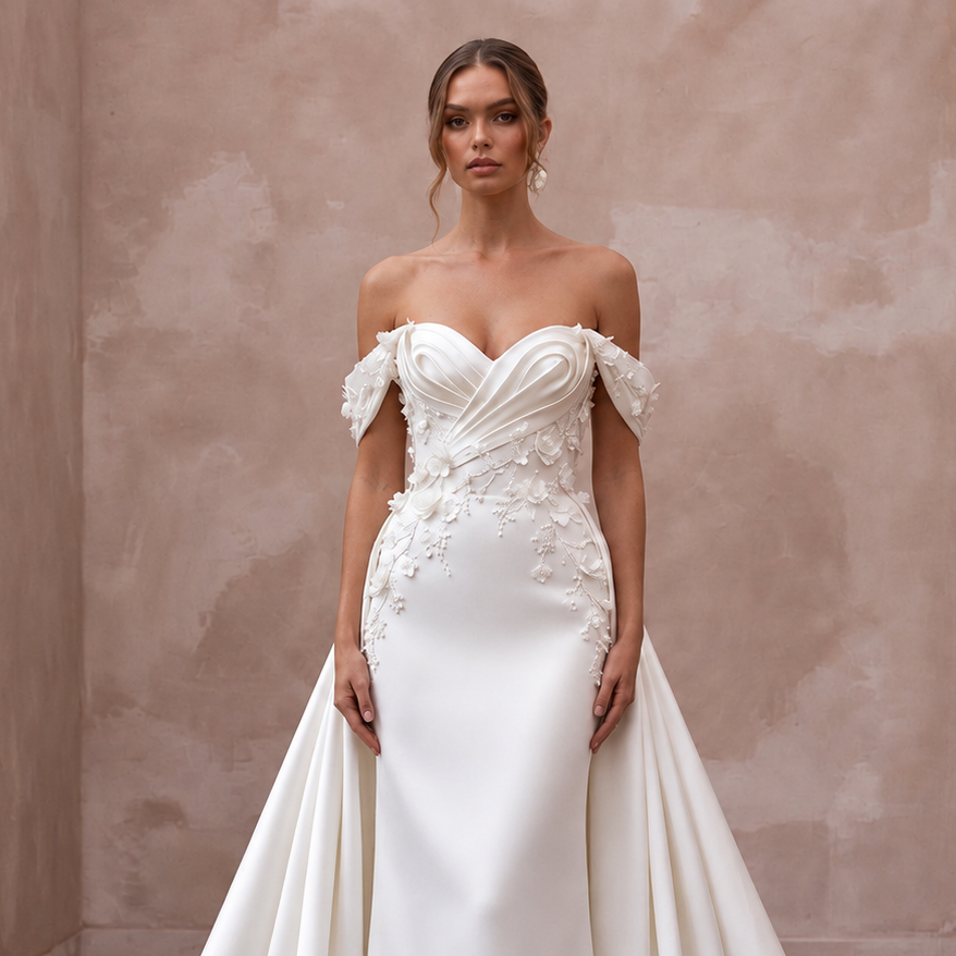 Romantic Satin Bridal Gown with Detachable Train