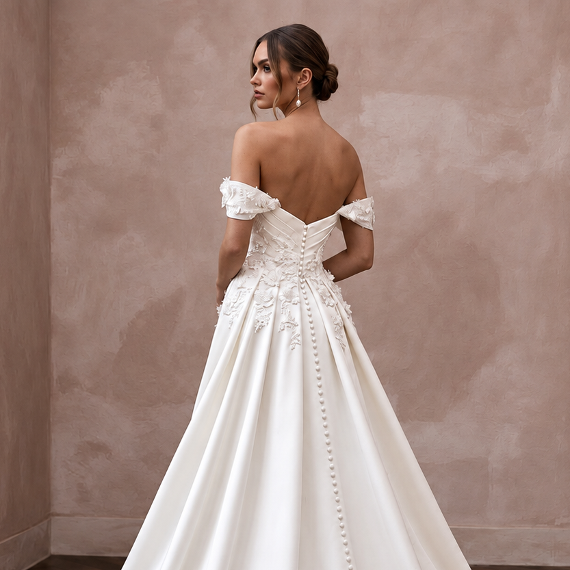 Romantic Satin Bridal Gown with Detachable Train