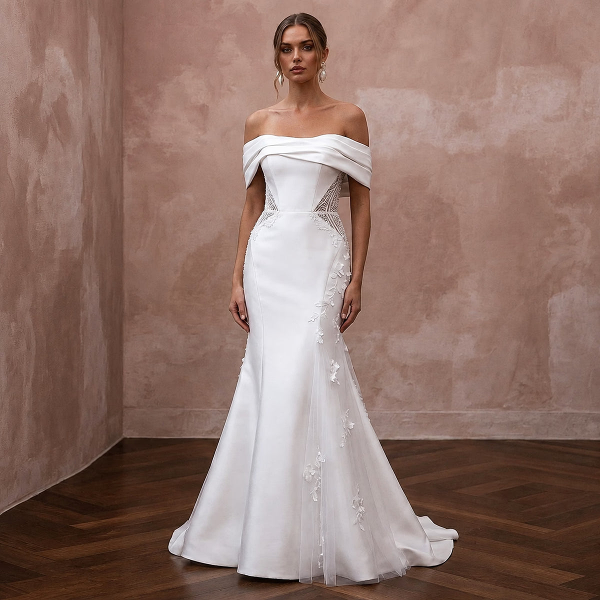 Romantic Satin Trumpet Wedding Dress with Off - the - Shoulder Neckline - Apparel & Accessories > Clothing > Wedding & Bridal Party Dresses > Wedding Dresses - Mignonette Bridal Main image