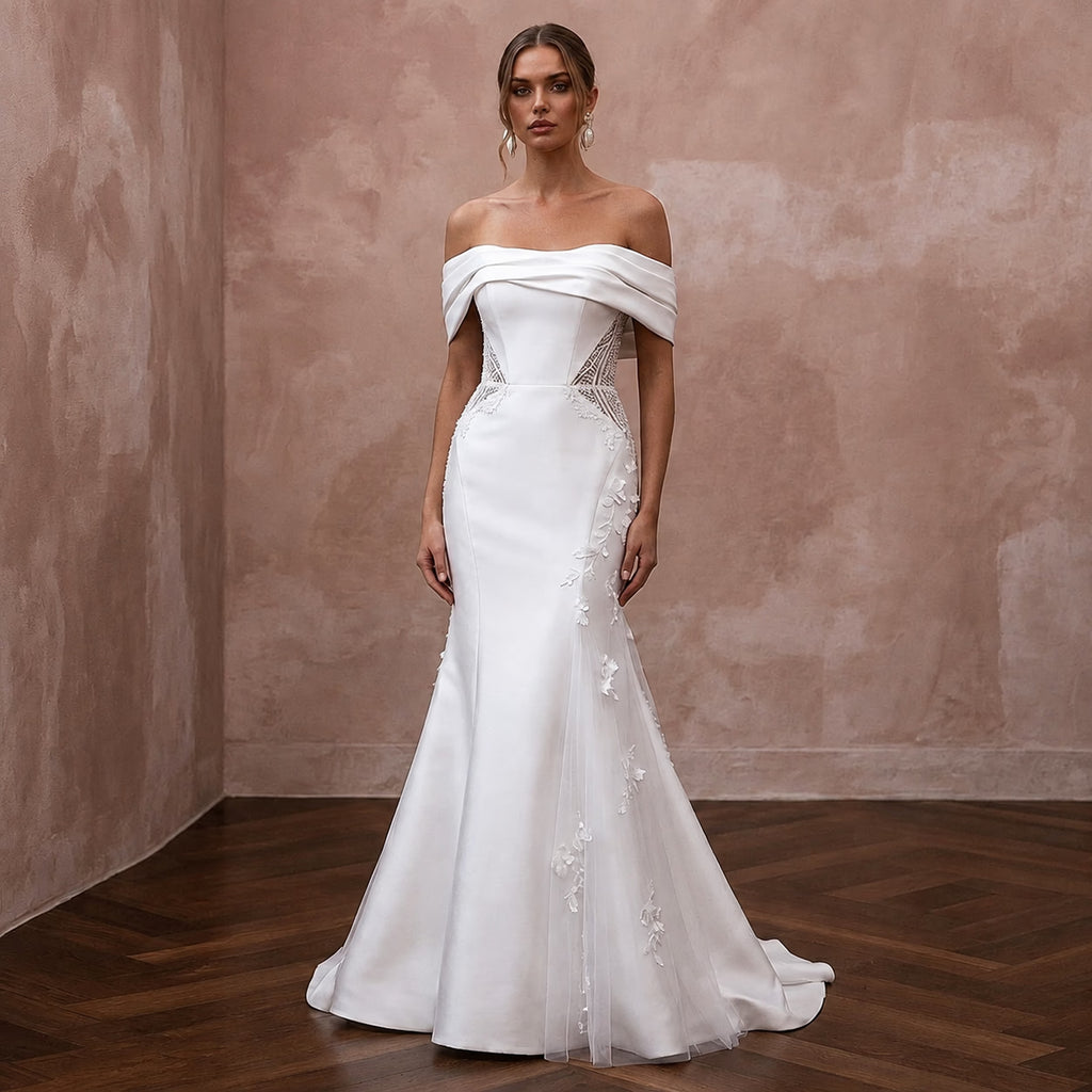 Romantic Satin Trumpet Wedding Dress with Off - the - Shoulder Neckline - Apparel & Accessories > Clothing > Wedding & Bridal Party Dresses > Wedding Dresses - Mignonette Bridal