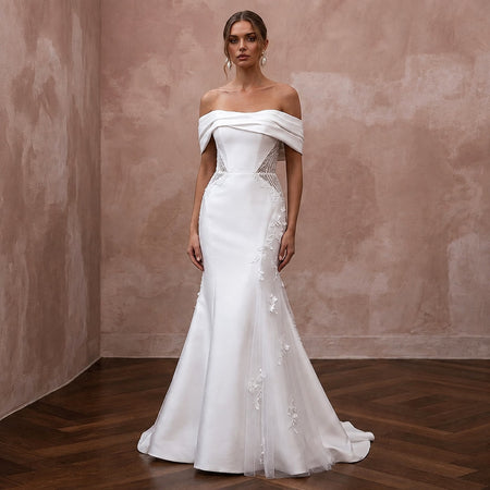 Romantic Satin Trumpet Wedding Dress with Off - the - Shoulder Neckline - Apparel & Accessories > Clothing > Wedding & Bridal Party Dresses > Wedding Dresses - Mignonette Bridal