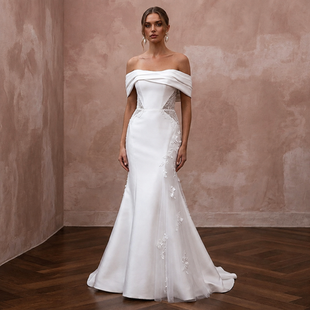 Romantic Satin Trumpet Wedding Dress with Off - the - Shoulder Neckline - Apparel & Accessories > Clothing > Wedding & Bridal Party Dresses > Wedding Dresses - Mignonette Bridal