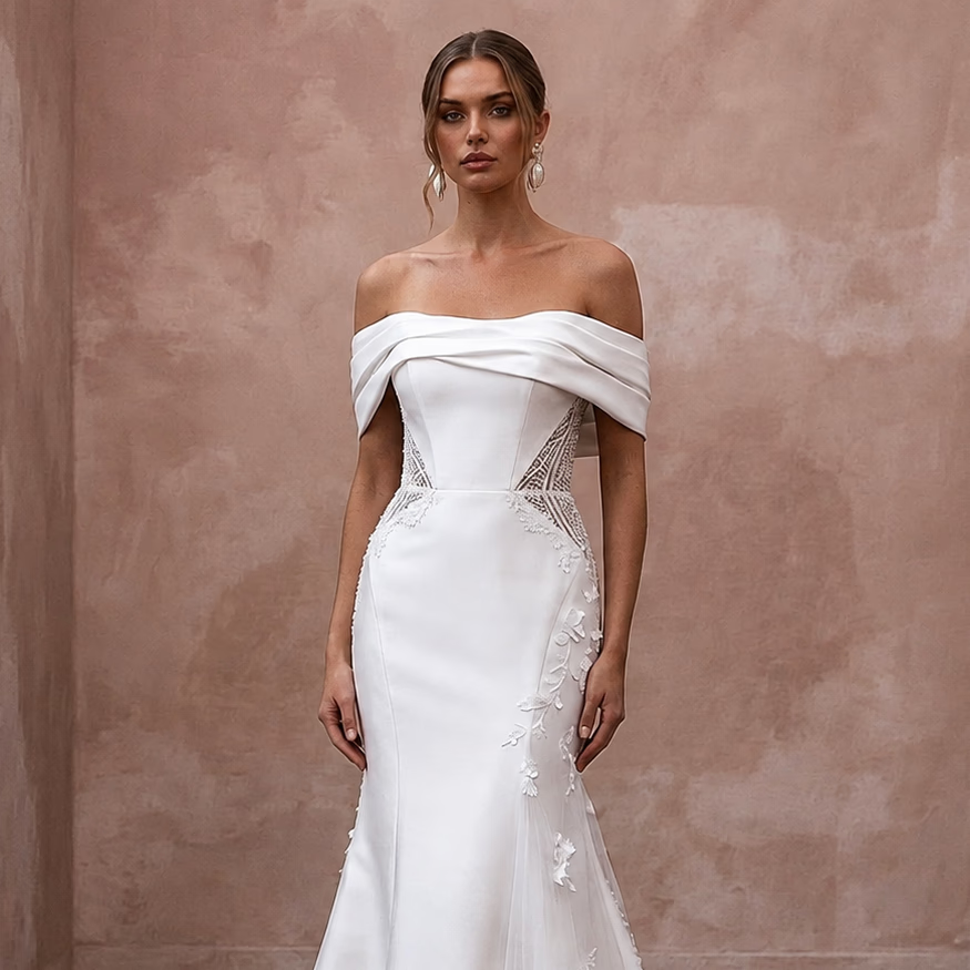 Romantic Satin Trumpet Wedding Dress with Off - the - Shoulder Neckline - Apparel & Accessories > Clothing > Wedding & Bridal Party Dresses > Wedding Dresses - Mignonette Bridal