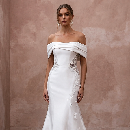 Romantic Satin Trumpet Wedding Dress with Off - the - Shoulder Neckline - Apparel & Accessories > Clothing > Wedding & Bridal Party Dresses > Wedding Dresses - Mignonette Bridal