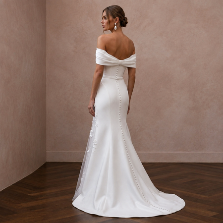Romantic Satin Trumpet Wedding Dress with Off - the - Shoulder Neckline - Apparel & Accessories > Clothing > Wedding & Bridal Party Dresses > Wedding Dresses - Mignonette Bridal