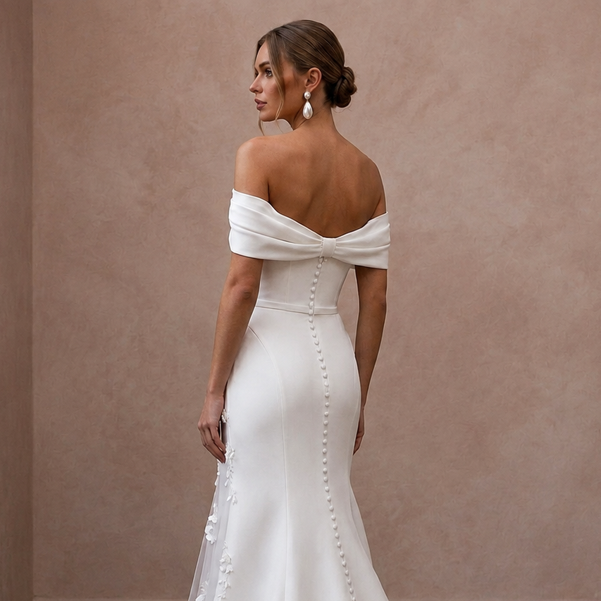 Romantic Satin Trumpet Wedding Dress with Off - the - Shoulder Neckline - Apparel & Accessories > Clothing > Wedding & Bridal Party Dresses > Wedding Dresses - Mignonette Bridal