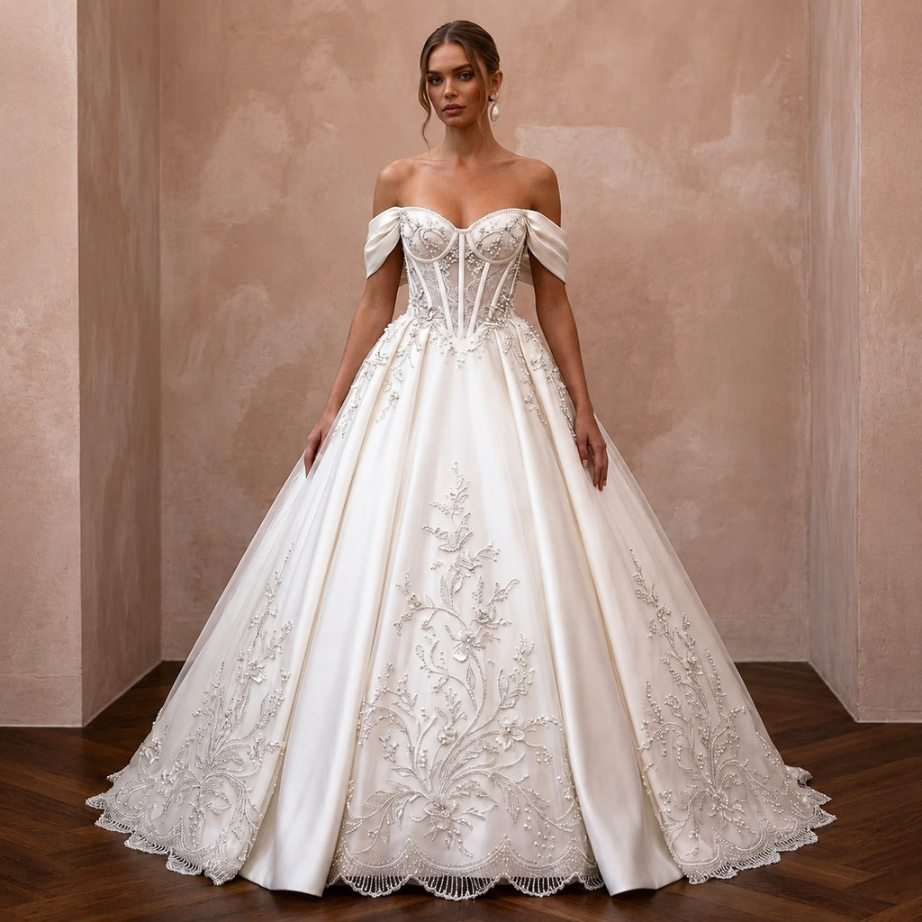 Romantic Satin Wedding Dress with Corset Bodice and Ball Gown Silhouette