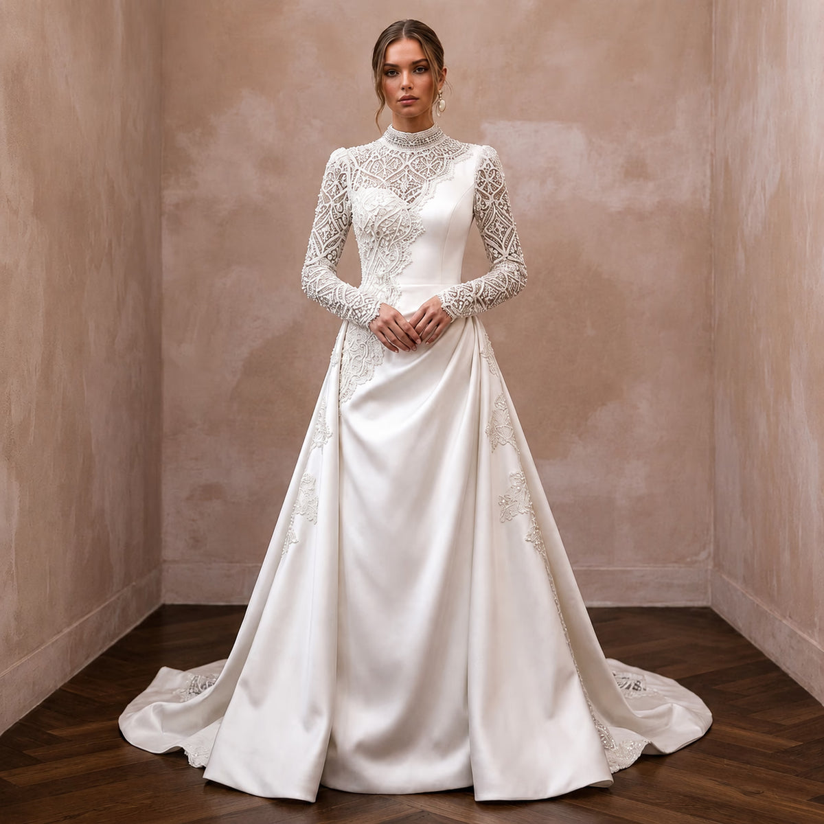 Satin wedding dress with lace long sleeves and high neckline, fitted bodice, full skirt Main image