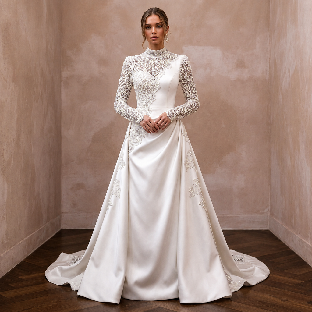 Satin wedding dress with lace long sleeves and high neckline, fitted bodice, full skirt