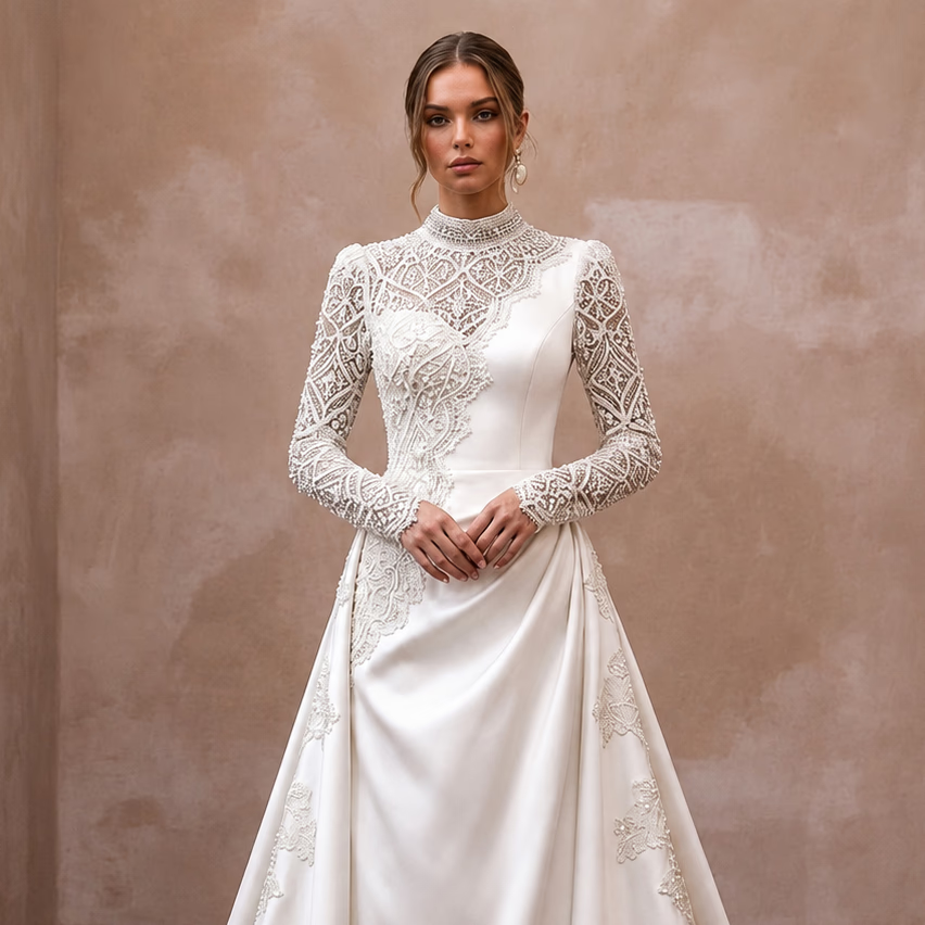 Satin wedding dress with lace long sleeves and high neck, embroidered chest and A-line skirt