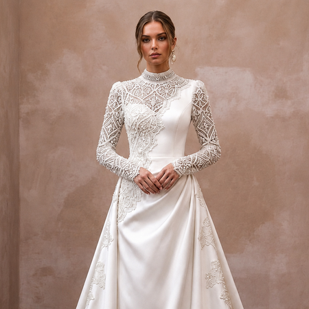 Satin wedding dress with lace long sleeves and high neck, embroidered chest and A-line skirt